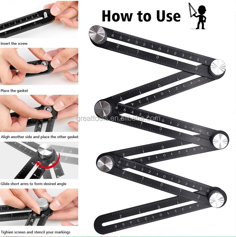 Six fold r Aluminium Alloy Angle Finder Measuring Ruler Perforated Mold Template Tool